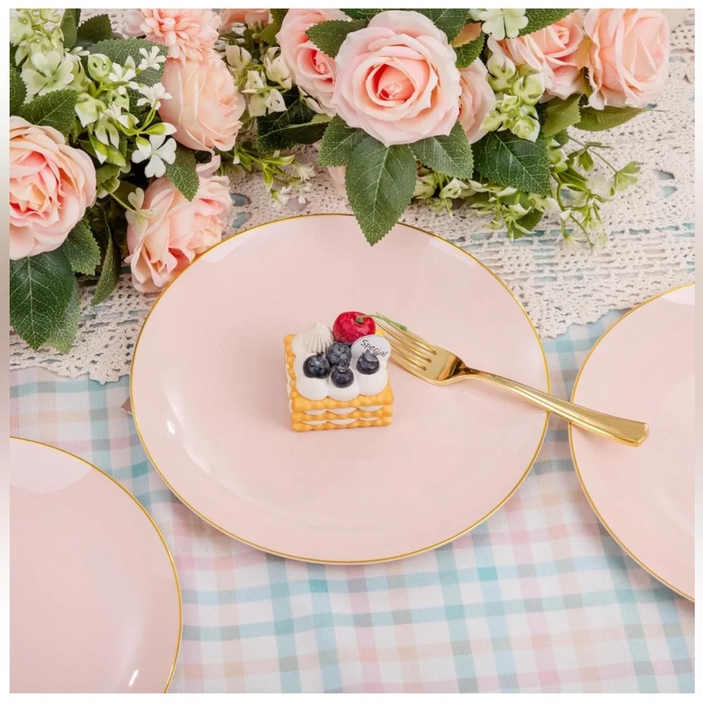 100PCS Pink Disposable Plates w Gold Rim 10.25 inch Ideal for Wedding💒&Party🥳
